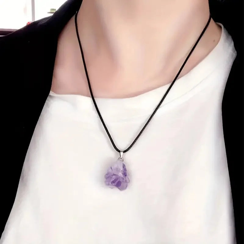 3Pcs Natural Amethyst Jewelry Set Irregular Chip Bracelet Raw Crystal Pendant Hexagon alternate view
