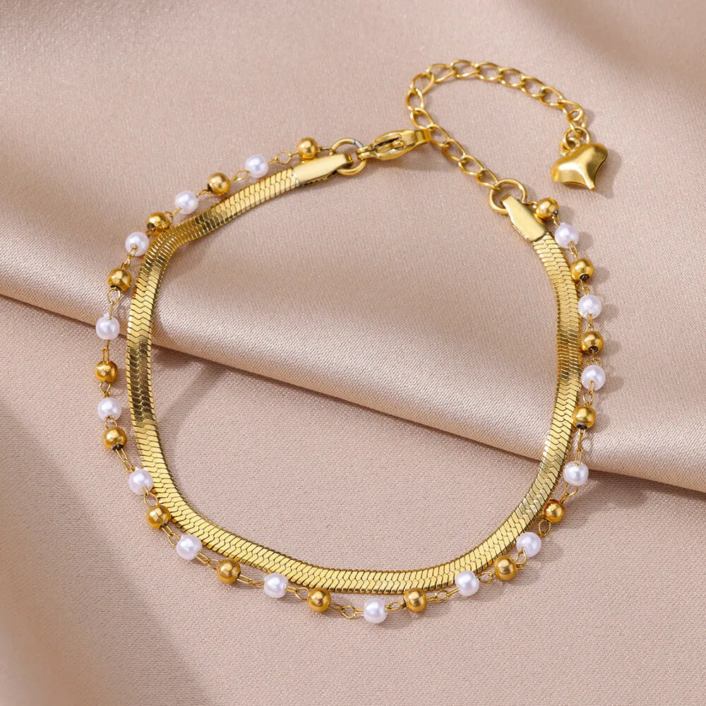 Anklets for Women Summer Beach Accessories Stainless Steel Imitation Pearl Chain An additional angle