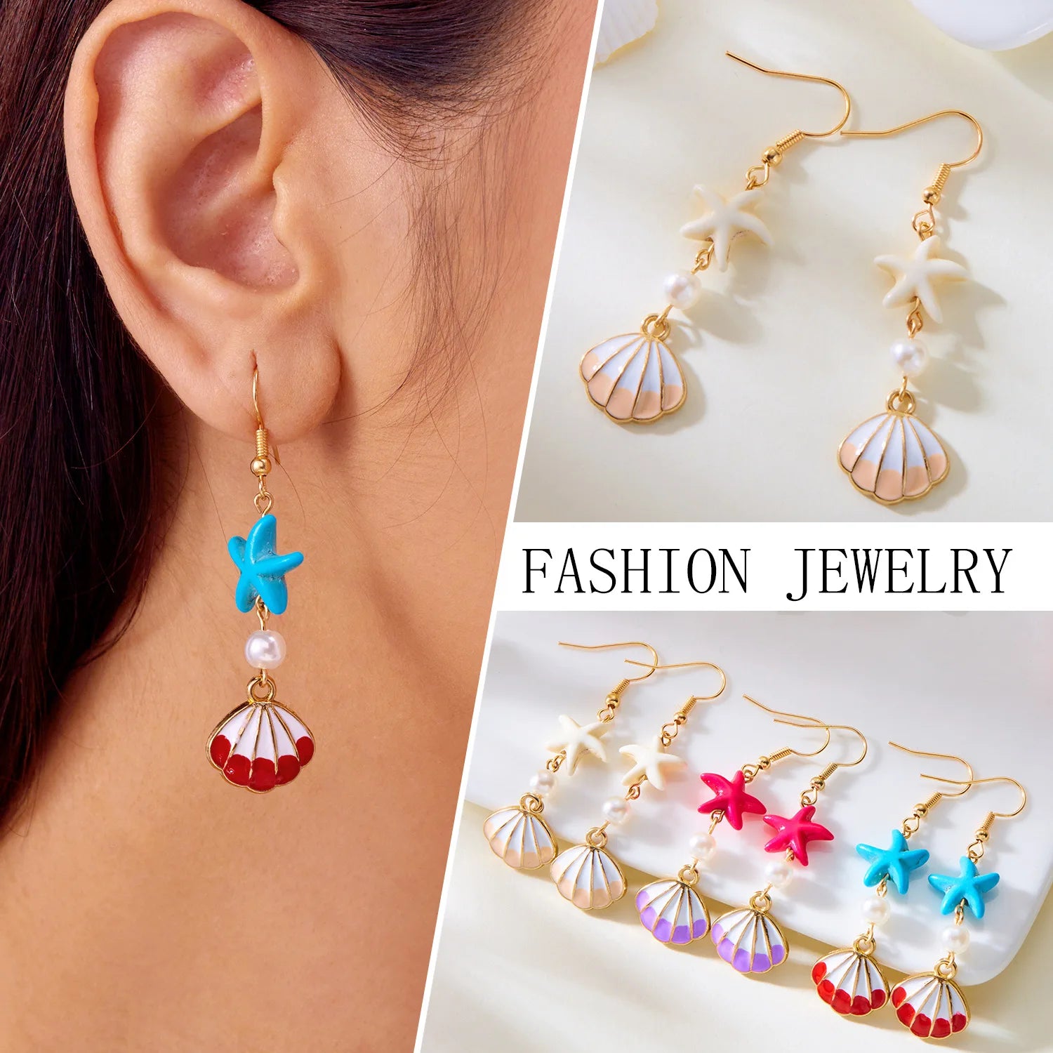 1 Pair Minimalist Starfish, Pearl & Shell Design Earrings, Suitable For Beach Vacatio lifestyle view