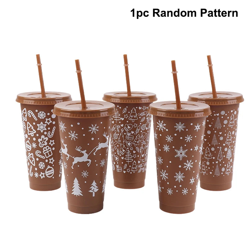 1Pc 710ML Christmas Coffee Straw Cup Reusable Xmas Tree Snowflake Plastic Cup With Lid N detail view