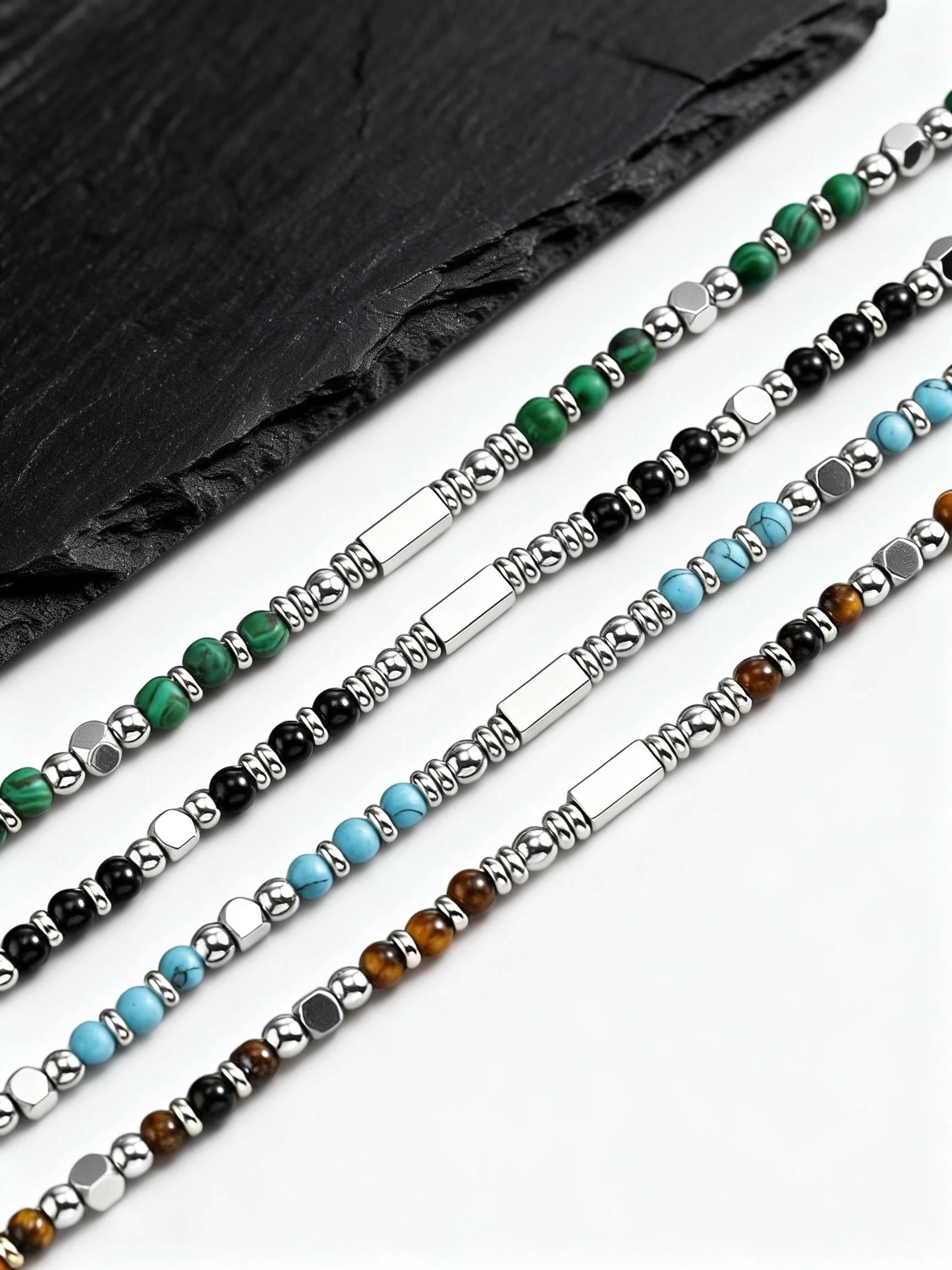 Trendy Men's Natural Stone Beaded Necklace | Classic Stainless Steel Metal Bead Choke lifestyle view