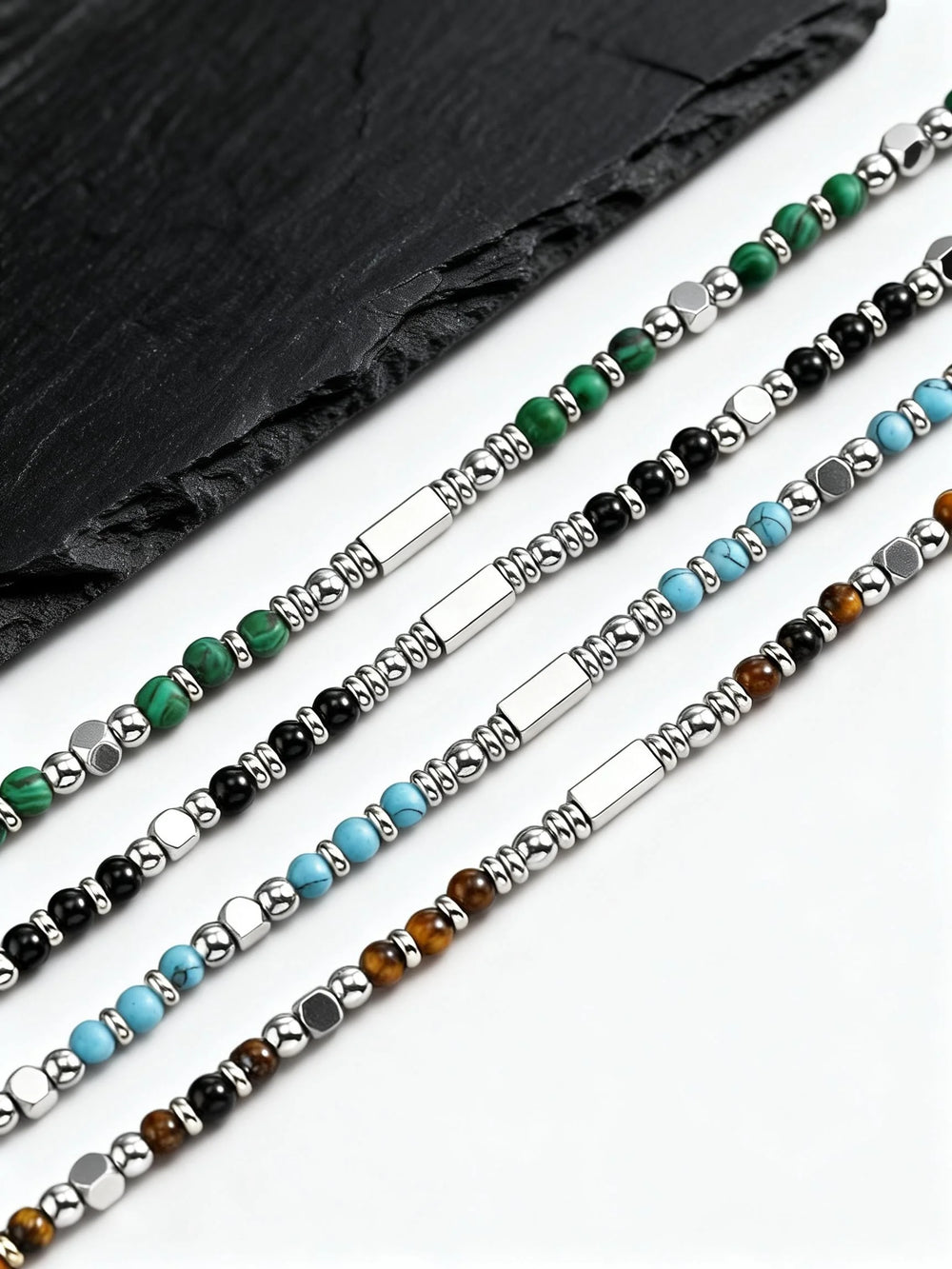 Trendy Men's Natural Stone Beaded Necklace | Classic Stainless Steel Metal Bead Choke lifestyle view