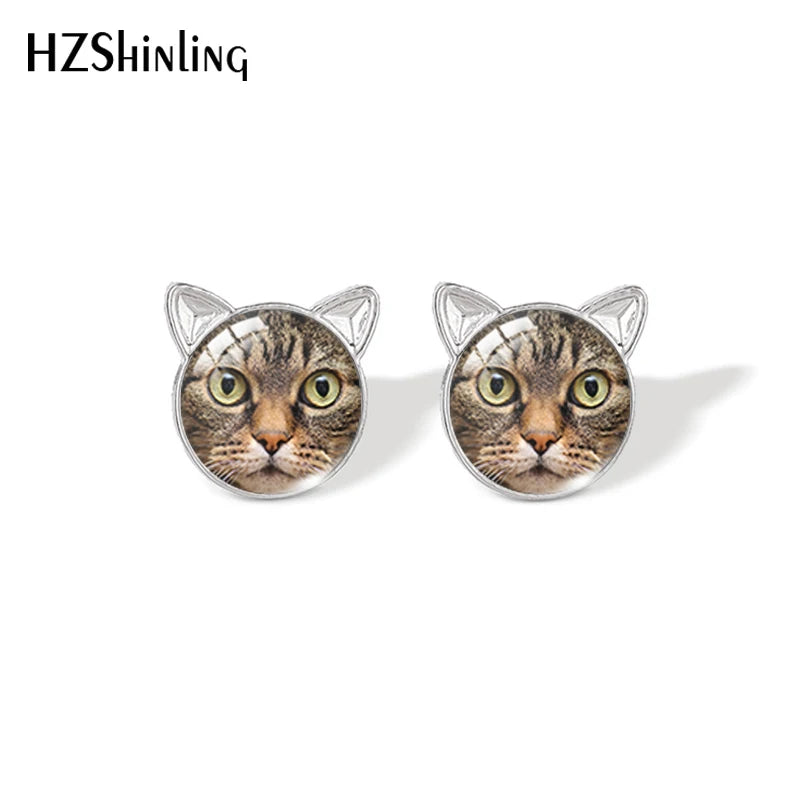 Lovely Cat Face Stud Earrings | Handmade Glass Dome Photo Printed Jewelry for Women lifestyle view