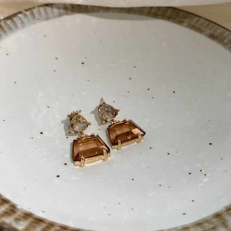 New Vintage Blue Coffee Square Oval Rhinestones Stud Earrings Women Shiny Cubic Geome lifestyle view
