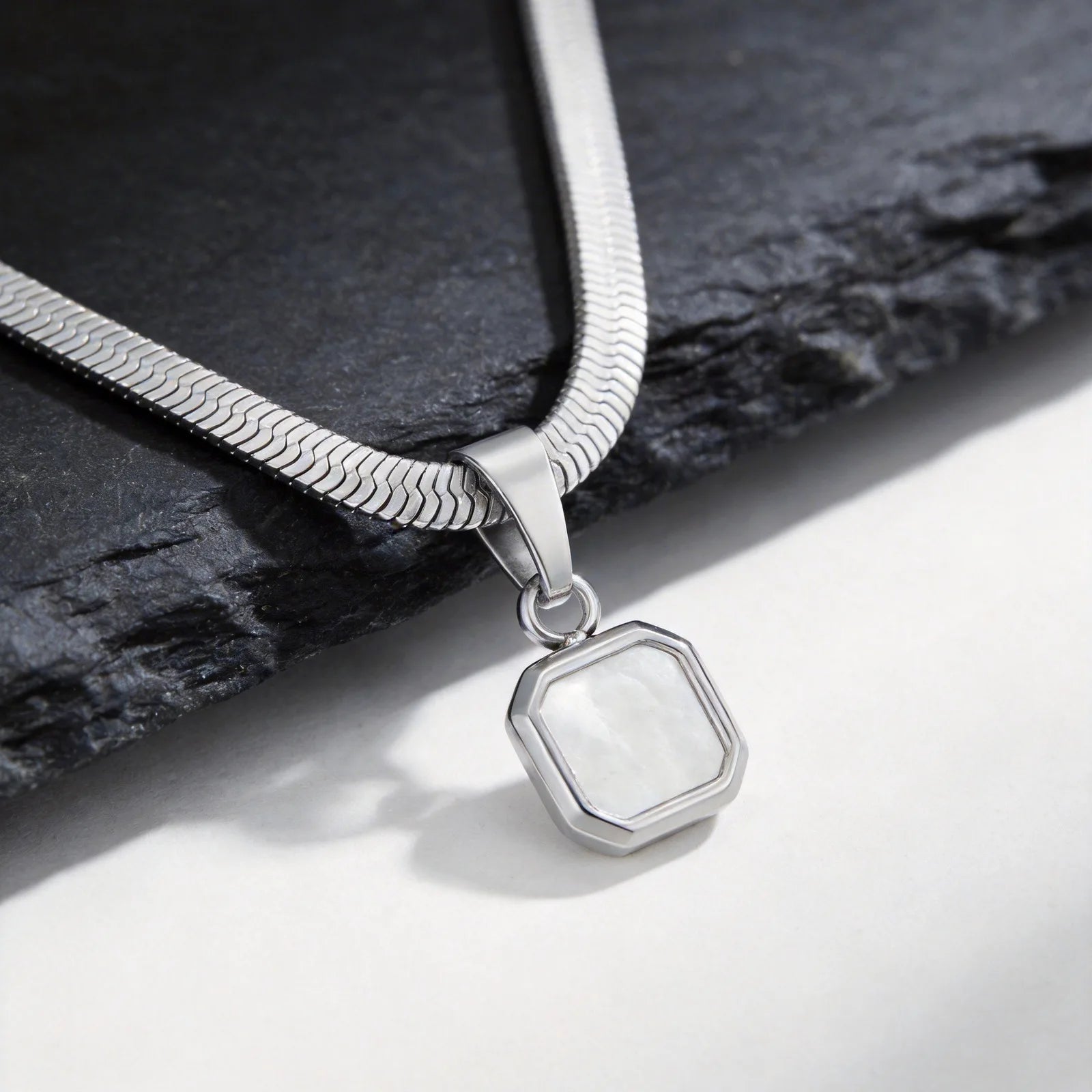 Men's Geometric Stone Pendant Necklace | Stainless Steel Blade Chain close-up view
