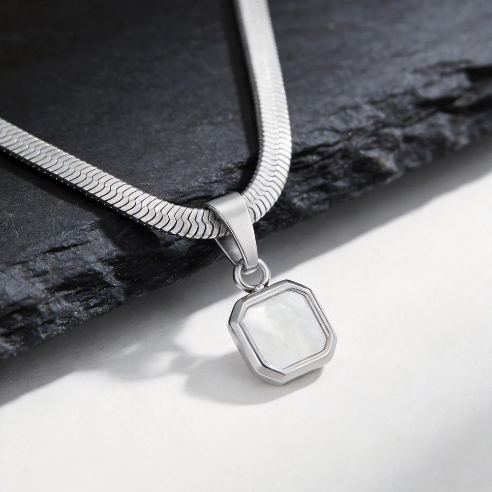 Men's Geometric Stone Pendant Necklace | Stainless Steel Blade Chain close-up view