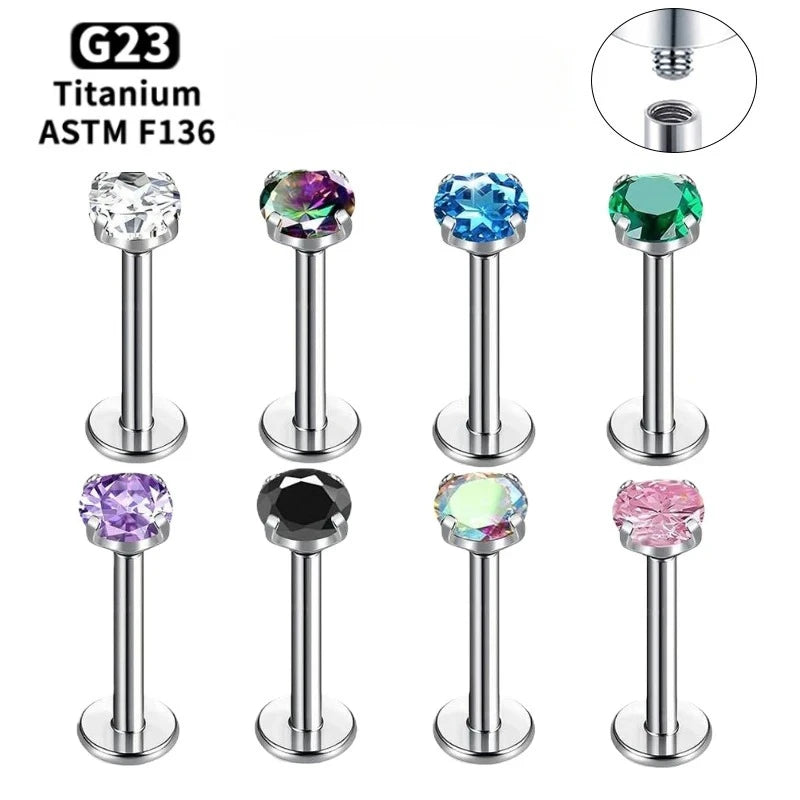ASTM F136 Titanium 16G CZ Labret Lip Studs Helix Tragus Cartilage Flat Back Earring additional angle