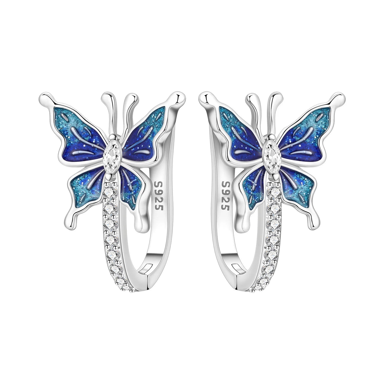 PANPOKI Original 925 Sterling Silver Double Butterfly Insect Earrings Women Hoop Earr lifestyle view