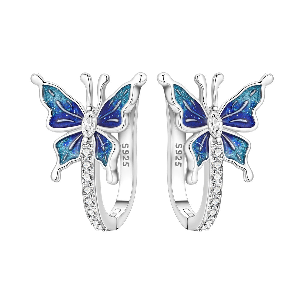 PANPOKI Original 925 Sterling Silver Purple Butterfly Insect Earrings Women Hoop Earr lifestyle view