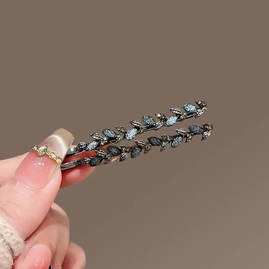 2Pcs/set Rhinestone Glaze Leaf Hairpin Cute and Sweet Women's Foredead Bangs Side Clip Metal One-word Clip Hair Accessories
