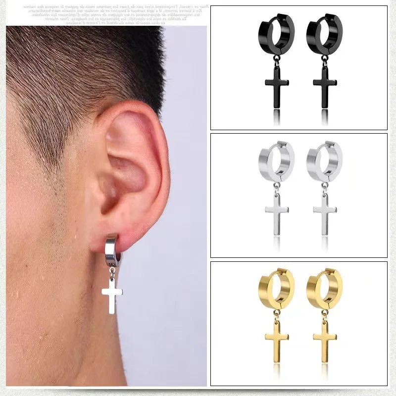 2Pcs Of Stainless Steel Cross Earrings Set, Men’s Women’s stud Earrings Small Huggie H close-up view