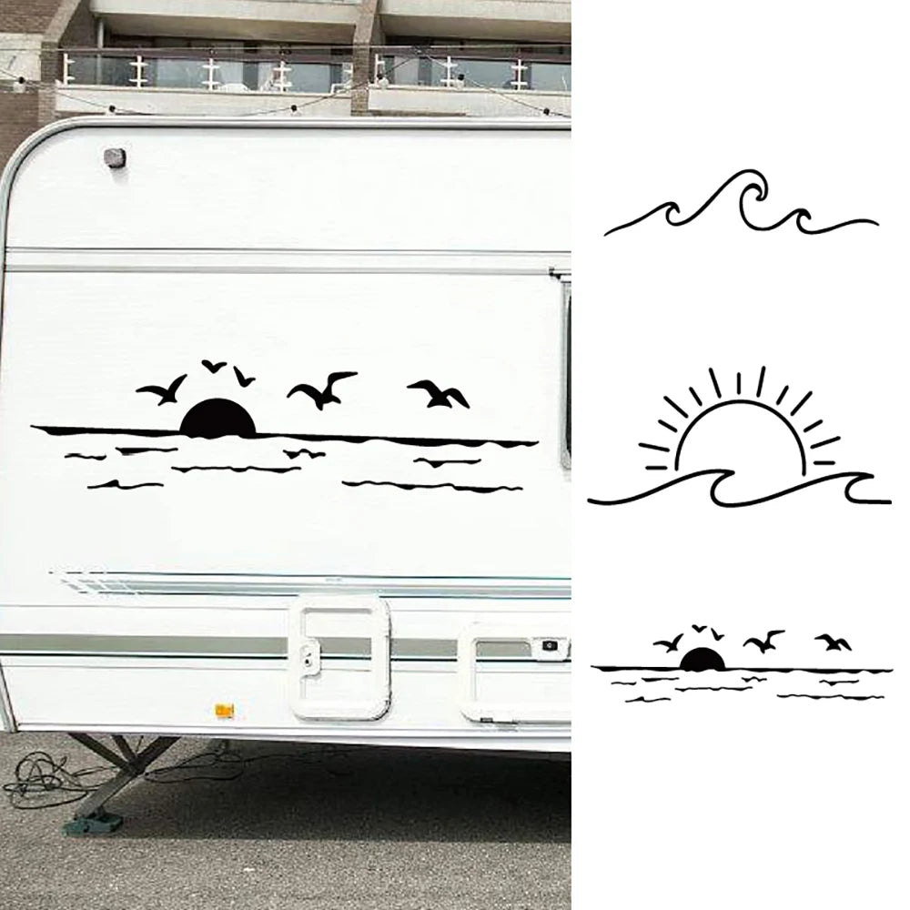 Sunset Over Ocean Scene RV Camper Decal | Beach Sunset Vinyl Sticker for Car Window Laptop Decor