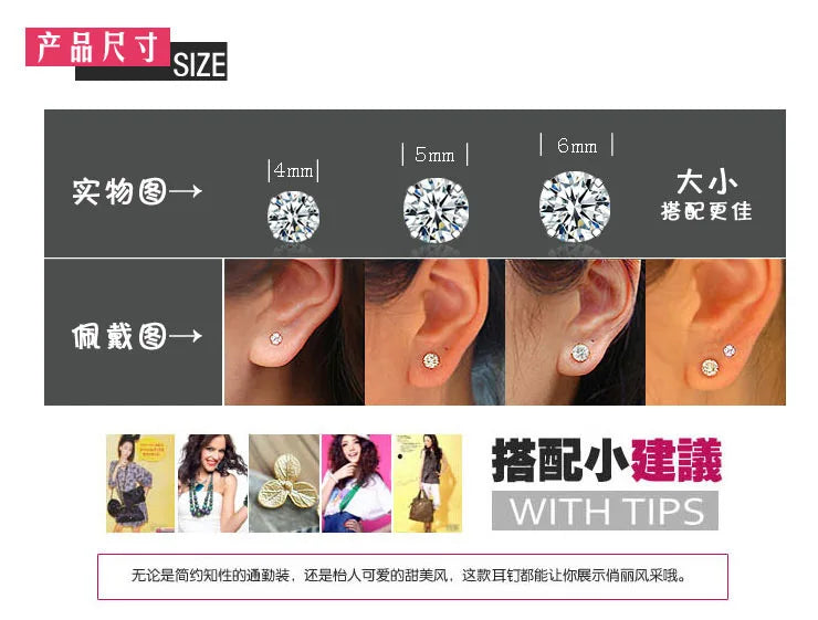 925 Sterling Silver Zircon Crystal 4 Claw Cut Earrings 3/4/5/6mm Earrings For Women F lifestyle view