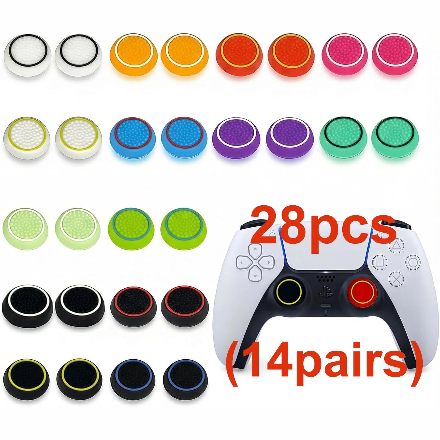 28 Pack Silicone Anti-Slip Thumb Grips for PS5 PS4 Controller | Multicolor Joystick C alternate view