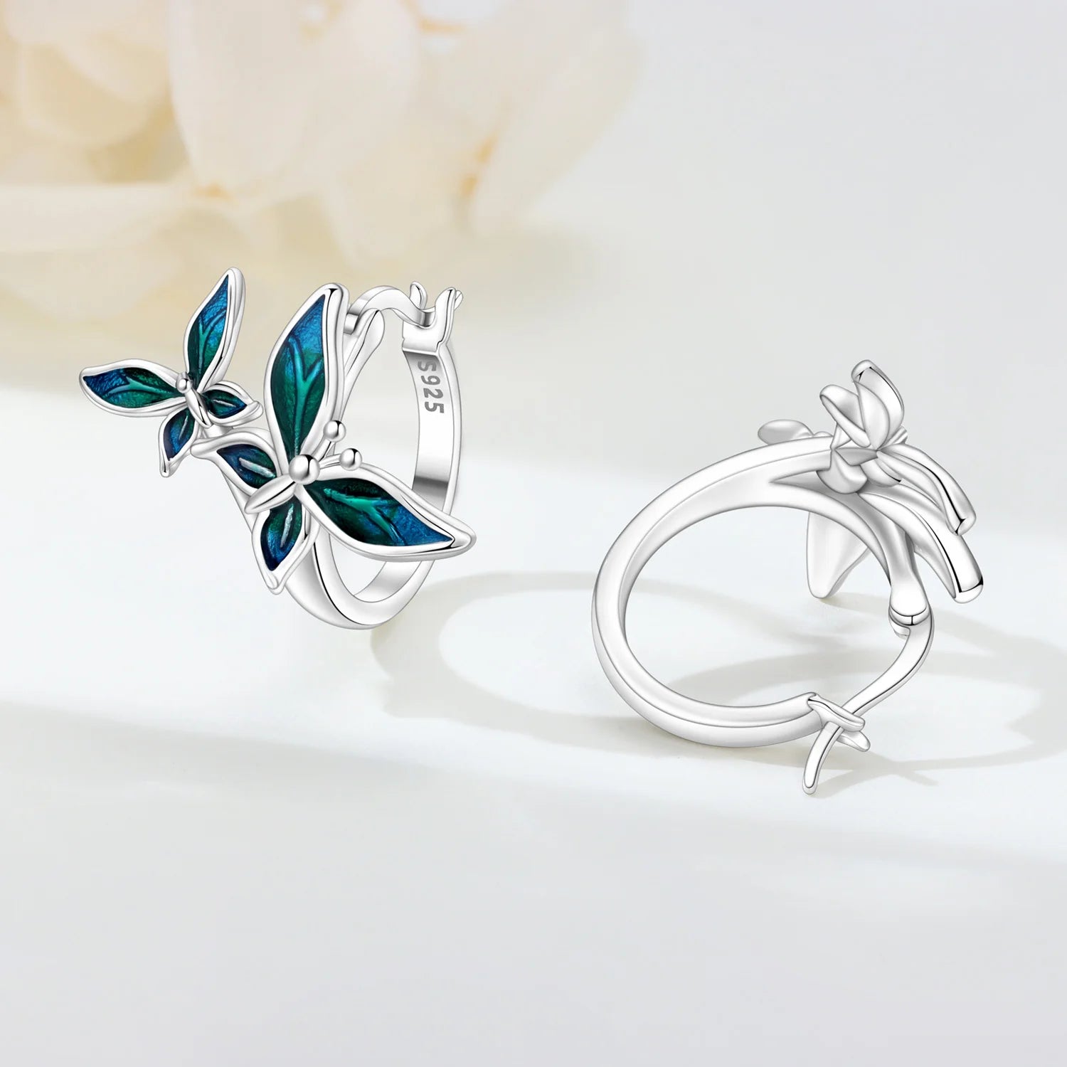 PANPOKI Original 925 Sterling Silver Double Butterfly Insect Earrings Women Hoop Earring Anniversary