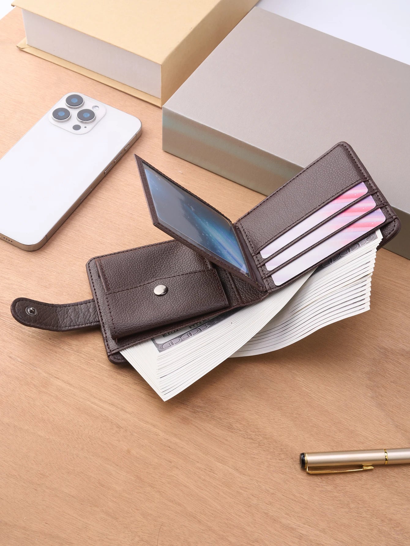 Men's Leather Zipper Wallet | Slim Short Multi-card Holder with Coin Pocket close-up view