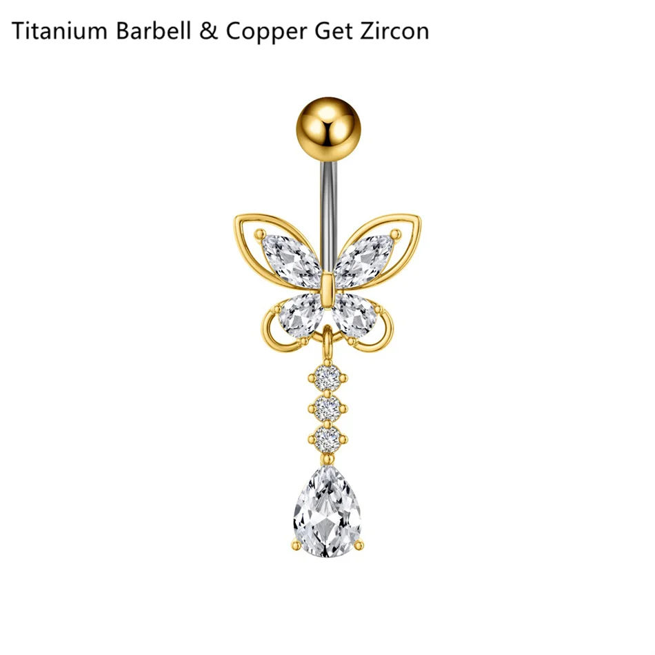 14G Crystal Heart Butterfly Dangle Belly Button Rings CZ Zircon Drop Navel Barbell additional angle