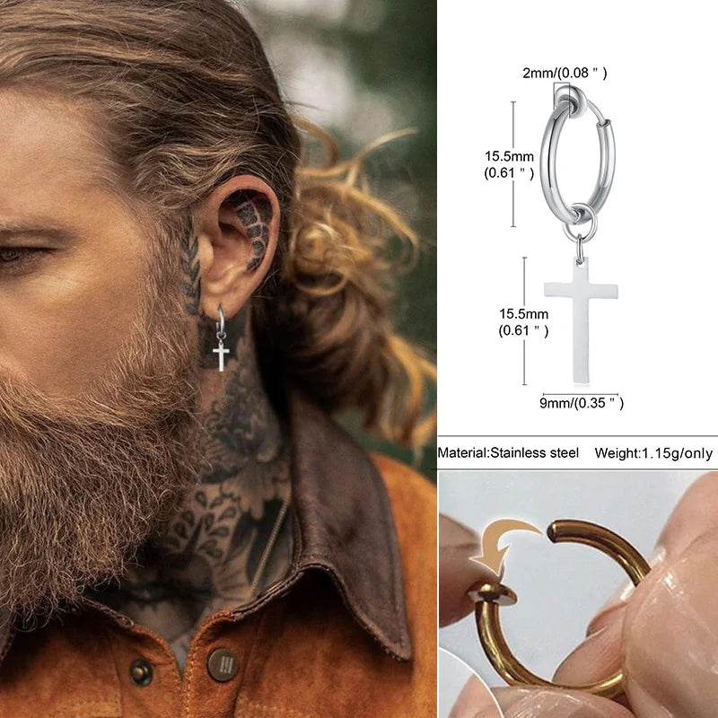 Stainless Steel Cross Earrings for Men | Religious Stud Earrings close-up view