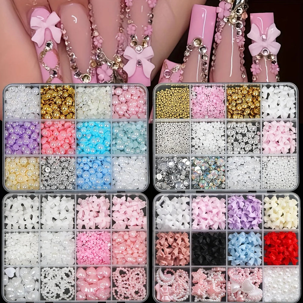 500PCS 3D Nail Art Decoration Kit with Resin Bows, Flat Back Pearls, and Assorted Shapes – Unscented