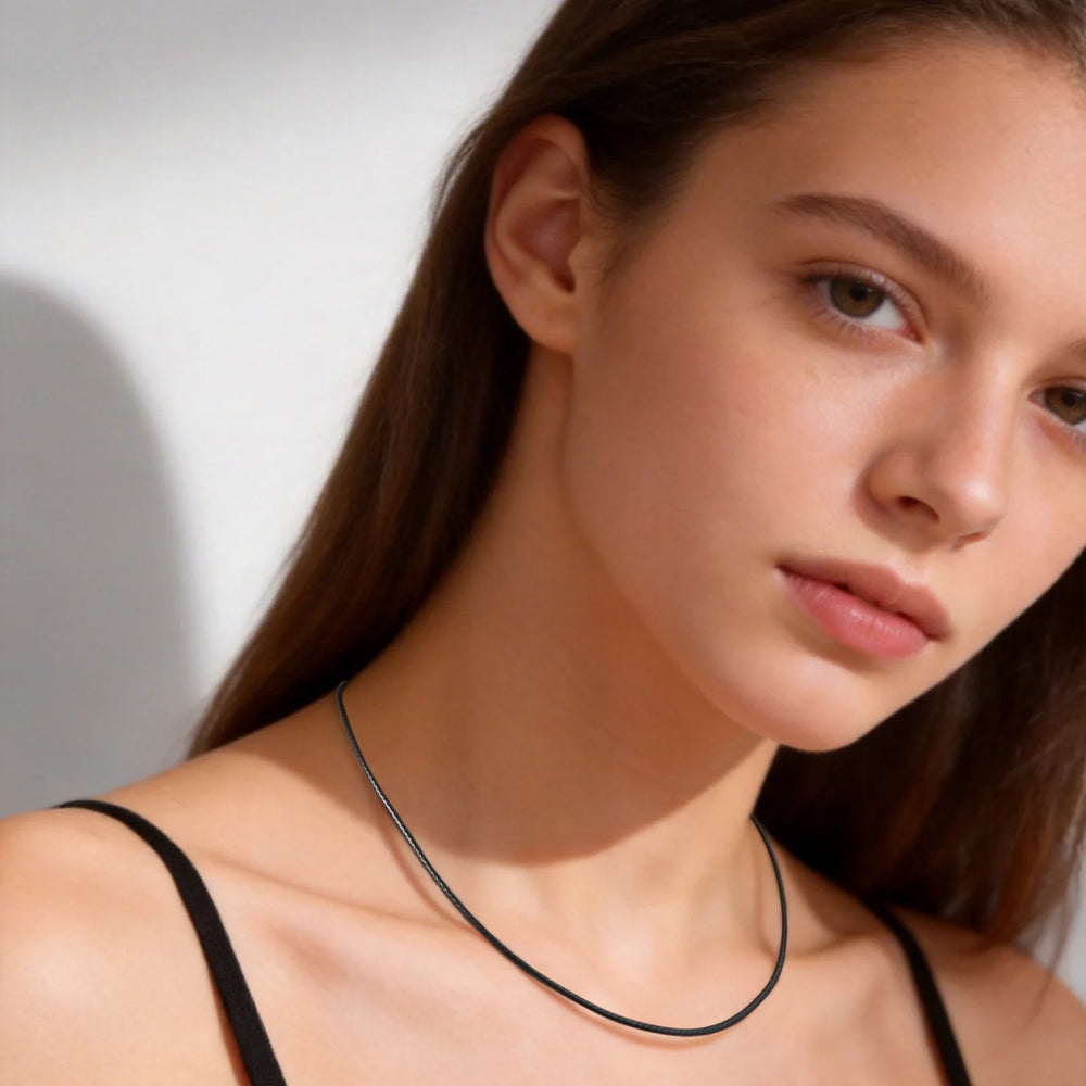 Black Waxed Cord Necklace for Women Minimalist Stainless Steel Clasp 2mm Waterproof Wax detail view