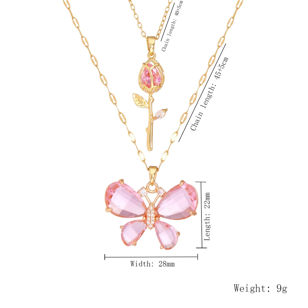 Elegant Pink Crystal Butterfly Necklace for Women High-End Zircon Flower Pendant Fash lifestyle view