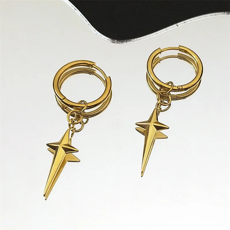 Stainless Steel Star Cross Hoop Earrings | Punk Kpop Y2K Drop Earrings for Women close-up view