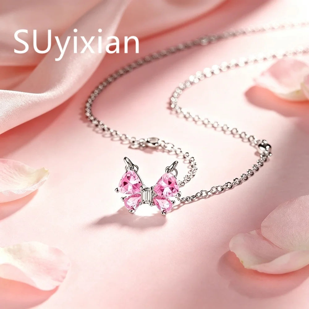 925 Sterling Silver Stylish Sweet Pink Bow Zircon Necklace Birthday Party Anniversary Gi detail view