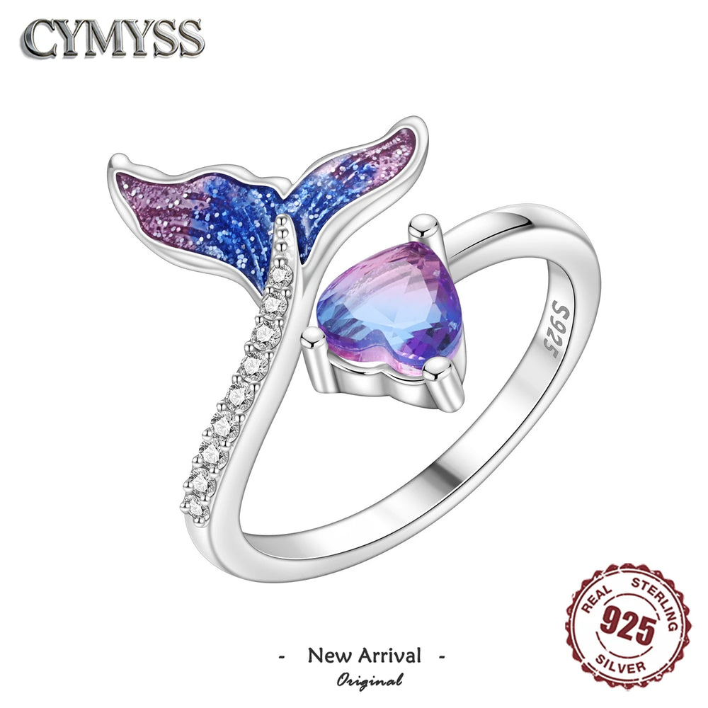 2026 HOT Sale 925 Sterling Silver Open Rings Adjustable Mermaid Heart Inlaid Zircon Ring Women Origi