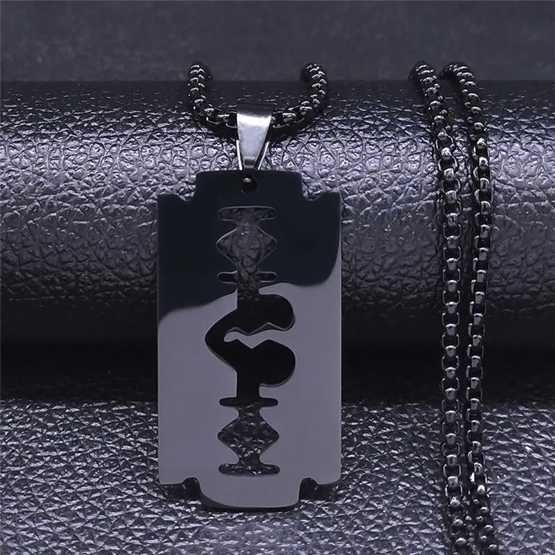 Gothic Blade Razor Pendant Necklace | Stainless Steel Black Goth Men's Chain alternate view