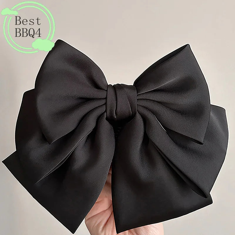 (BBQ4)Elegant Bow Ribbon Hair Clip Fashion Simple Solid Satin Spring Clip Hair Pin Retro Headband With Clip Girl Hair Accessory
