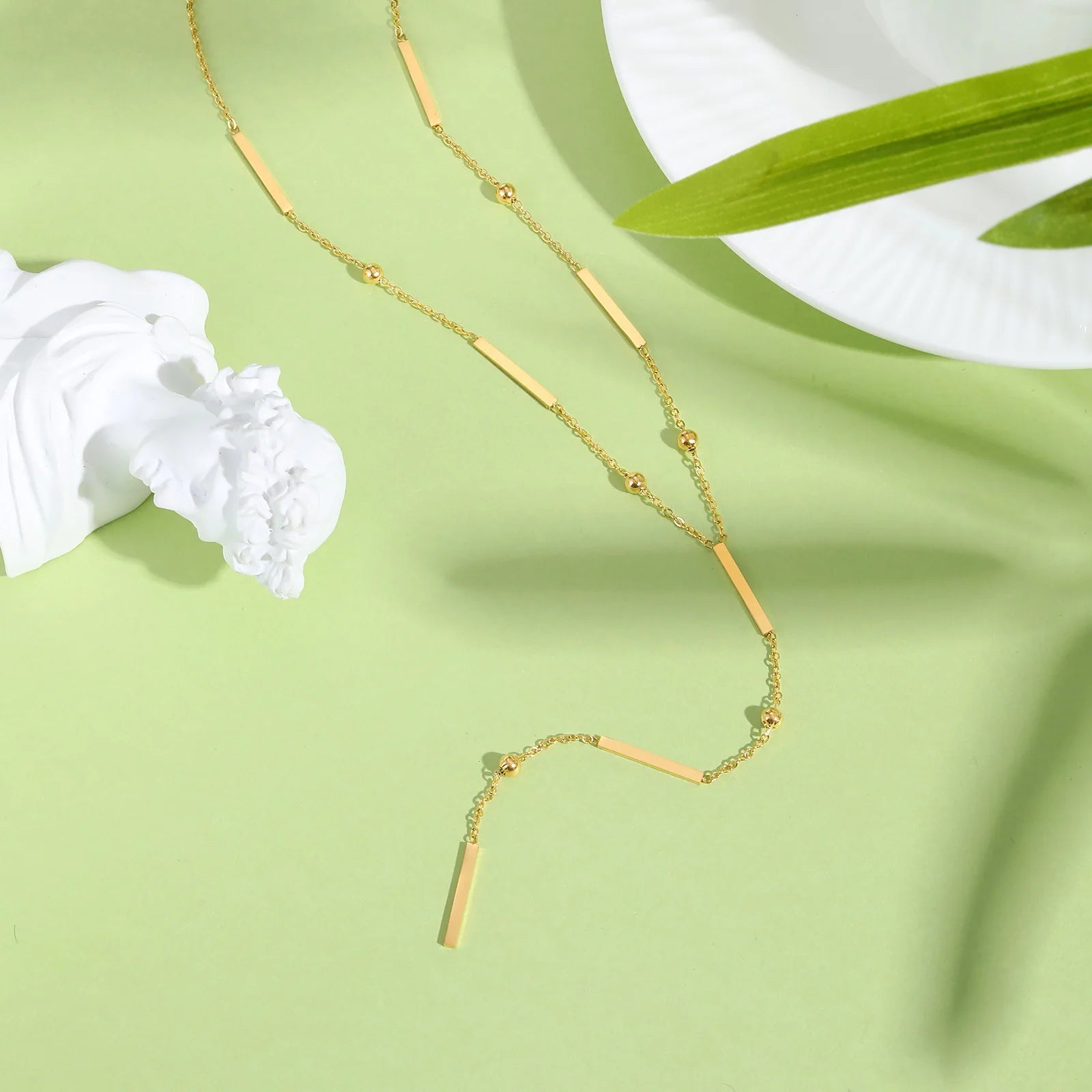 Beaded Long Chain Y Shape Necklace For Women, Minimalist Drop Bar Pendant Choker Neck lifestyle view