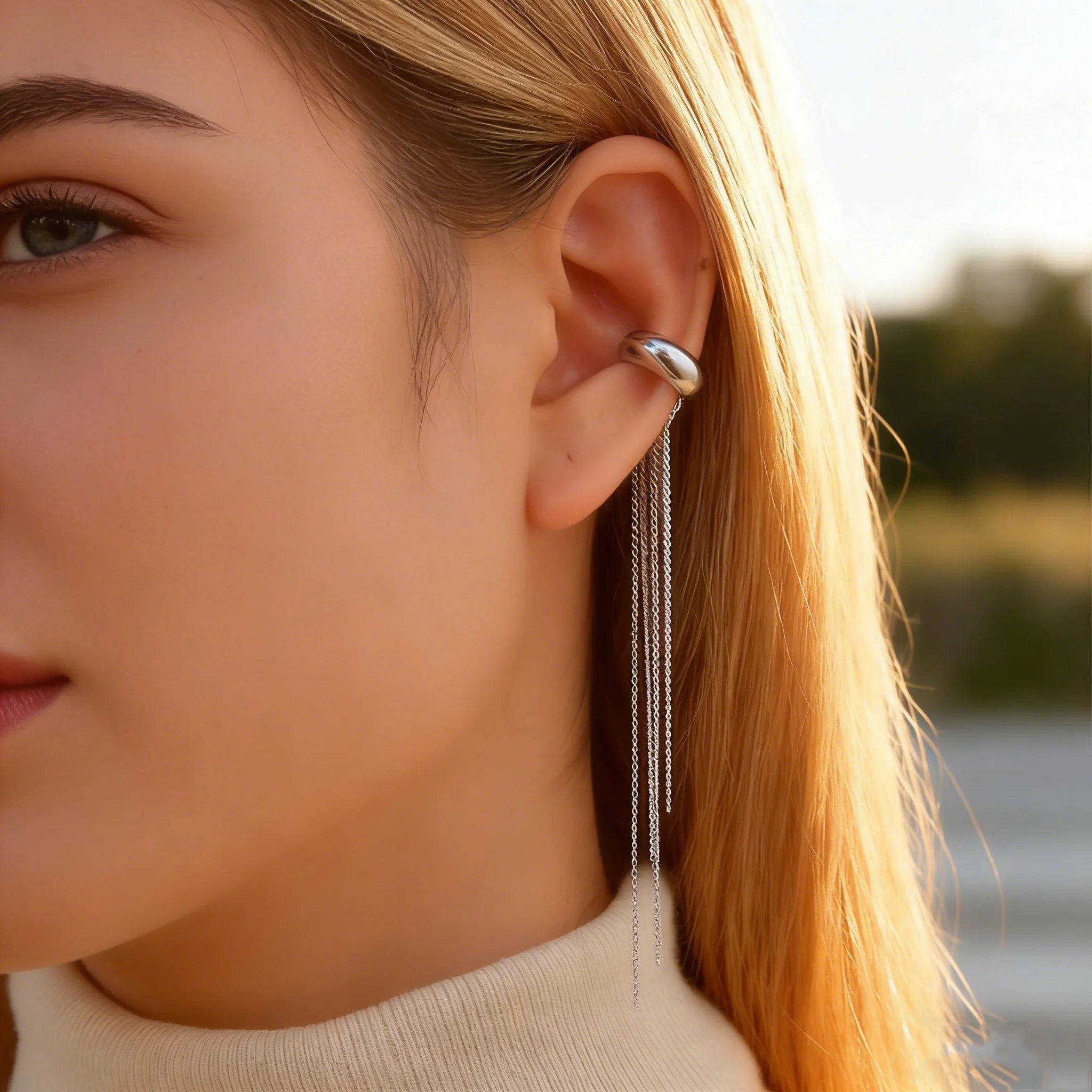 Fashion Long Tassel C-shaped Fake Piercing Ear Clip for Women Gold Plated Stainless S alternate view