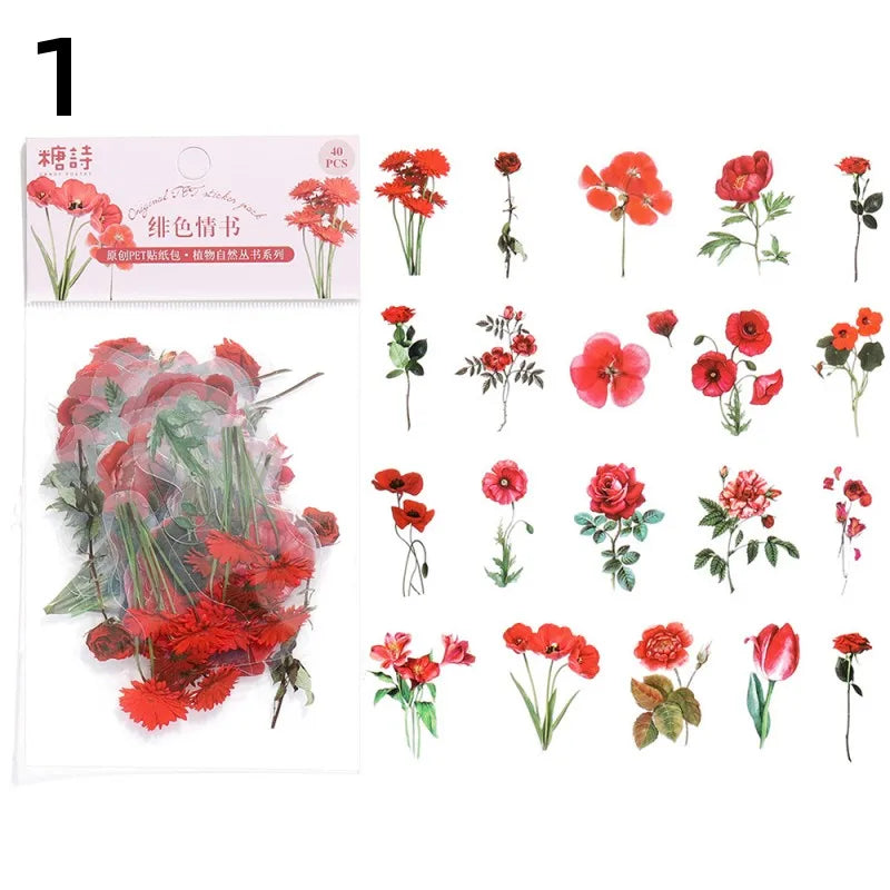 40 Pcs/set Plant Flower Stickers Decorative Green Leaves Retro Plant Manual Scrapbook DIY Label Diary Stationery Album Crafts