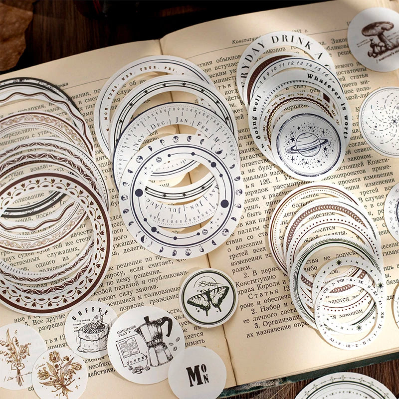 Vintage Round Stickers for Journaling | 24pcs Retro Collage Label Pack close-up view
