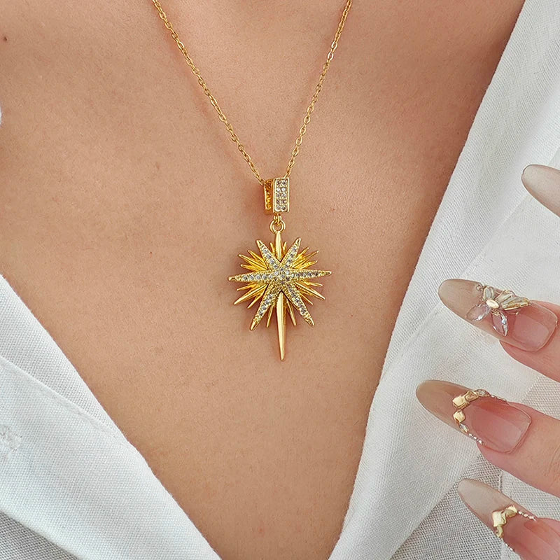 316L Stainless Steel Star Pendant Necklace | Shiny Zircon Jewelry for Women close-up view