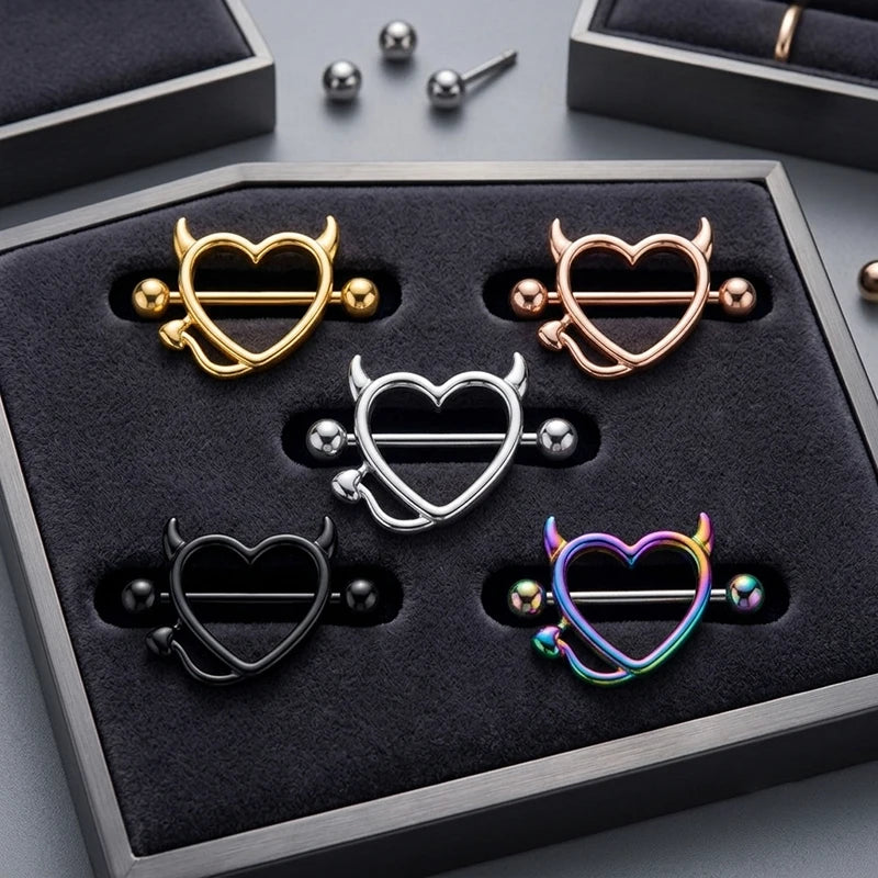 1/5Pairs 316L Stainless Steel Nipple Ring for Women, Various Colors Devil Love Heart Nip detail view
