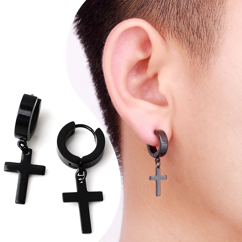 2pc Stainless Steel Men Cross Stars Punk Dangle Earrings Gothic Woman Cross Ear Hoo additional angle