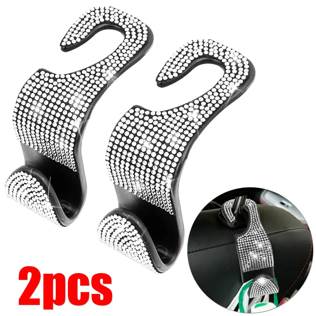 2Pcs Car Seat Back Hook Bling Diamond Hanger Backseat Auto Back Universal Headrest Storage Holder Ca