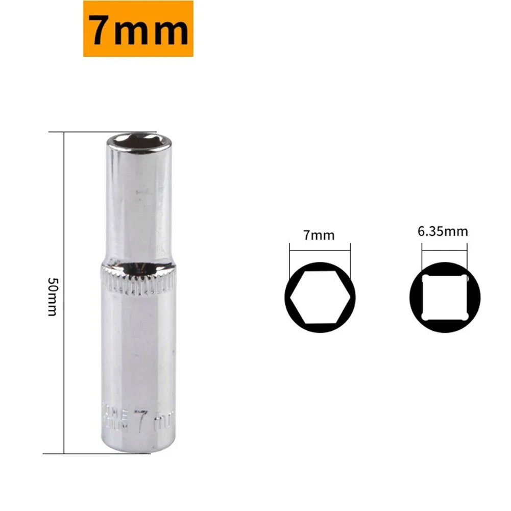 1/4 Hex Drive Deep Socket Adapter Set | Chrome Vanadium Steel Impact Socket Wrench close-up view