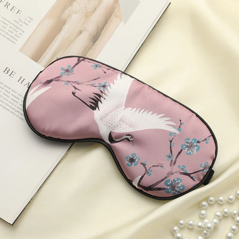 Imitated Silk Sleeping Eye Mask with Crane Print | Adjustable Blindfold for Travel and close-up view