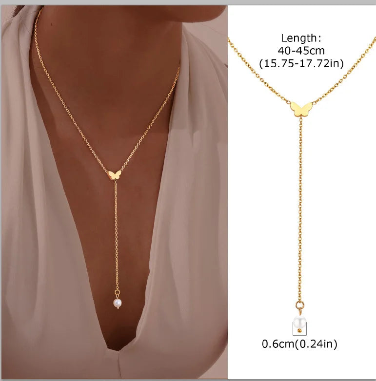 Stainless Steel Lariat Necklace Gold Plated, Dainty Long Necklace Laryered Necklaces alternate view