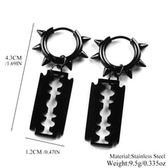 Gothic Punk Spike Rivet Razor Blade Hoop Earrings for Women Men Black Silver Color Sta close-up view