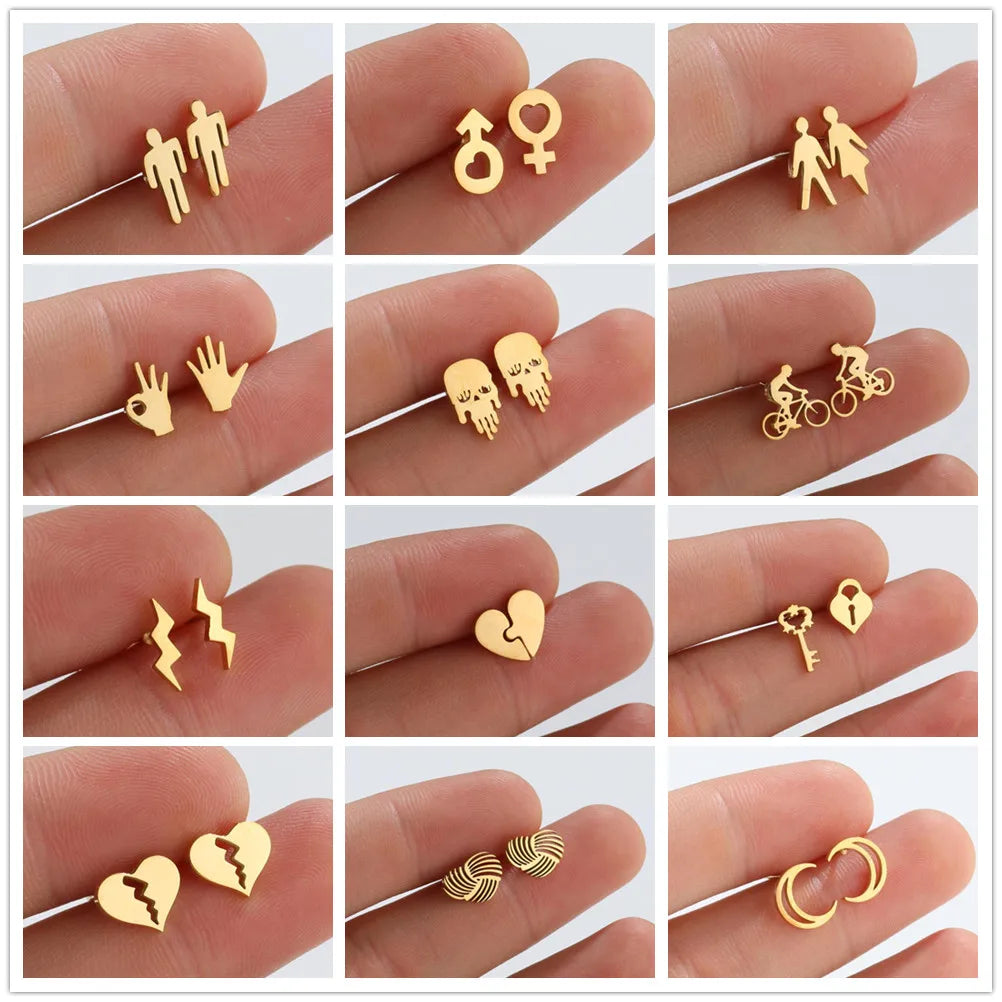 316L Stainless Steel Figure Earring Bicycle Key Crescent Moon Heart Lightening Skull For Girl Small