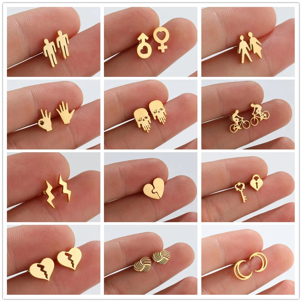 316L Stainless Steel Figure Earring Bicycle Key Crescent Moon Heart Lightening Skull For Girl Small