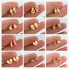 316L Stainless Steel Figure Earring Bicycle Key Crescent Moon Heart Lightening Skull For Girl Small