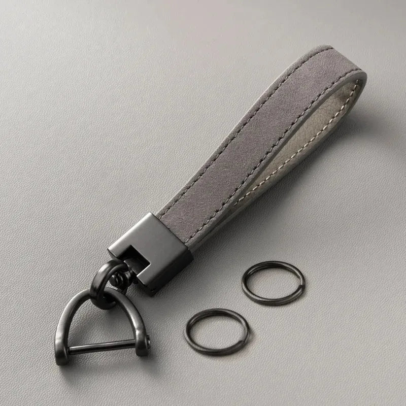 Luxury Genuine Leather Car Keychain | Pure Color Key Ring with Metal Buckle close-up view