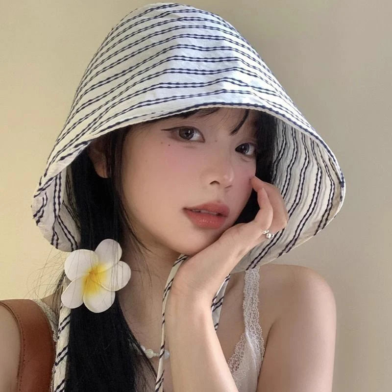 Women's Large Brim Foldable Bucket Hat with Chin Strap | Korean Style Striped Panama lifestyle view