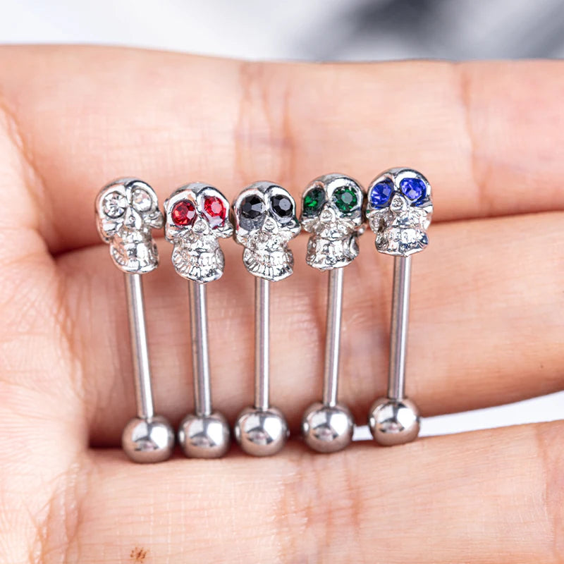 Tongue Rings Stainless Steel 316L, 5 Color Diamond Encrusted Skull Piercing Jewelry detail view