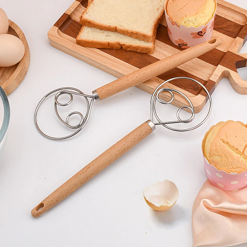 10 Inch Wood Handle Danish Dough Whisk | Stainless Steel Hand Blender for Bread and Batt detail view