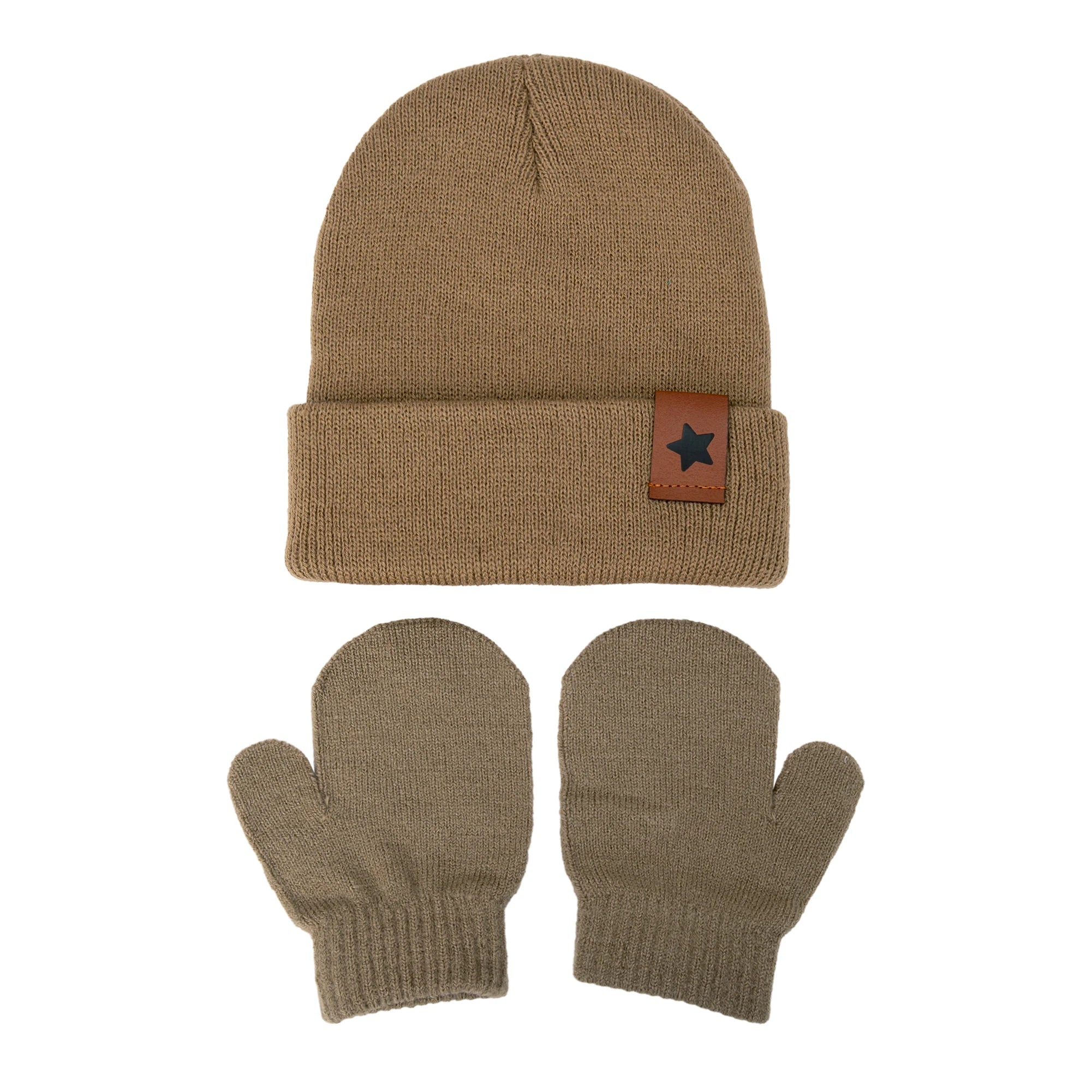 Baby Knitted Hat and Glove Set | Solid Winter Turban with Leather Star Tag additional angle